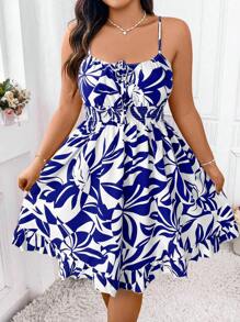 Elenzga 大码夏季印花连衣裙，修身细肩带蓝色连衣裙女士细肩带连衣裙，A 字型吊带短裙休闲假日热带雨林印花连衣裙海岛度假沙滩裙新款夏季花卉印花 A 字型细肩带连衣裙腰部收紧高腰连衣裙性感露背细肩带连衣裙，海滩度假氛围 A 字型系带无袖连衣裙 - 藏蓝色 - 查看 1
