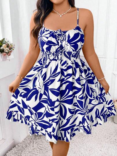 Elenzga 大码夏季印花连衣裙，修身细肩带蓝色连衣裙女士细肩带连衣裙，A 字型吊带短裙休闲假日热带雨林印花连衣裙海岛度假沙滩裙新款夏季花卉印花 A 字型细肩带连衣裙腰部收紧高腰连衣裙性感露背细肩带连衣裙，海滩度假氛围 A 字型系带无袖连衣裙
