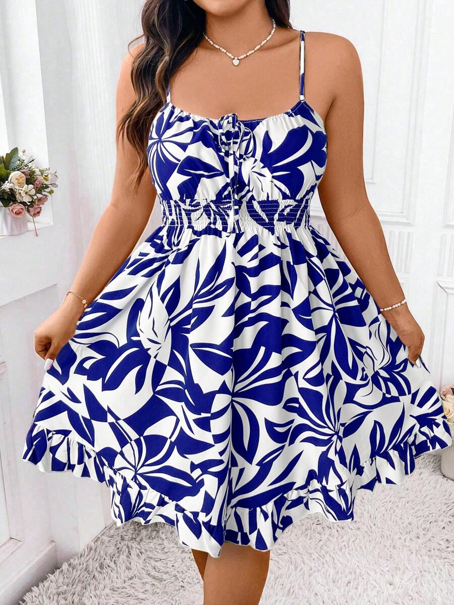 Elenzga 大码夏季印花连衣裙,修身细肩带蓝色连衣裙女士细肩带连衣裙,A 字型吊带短裙休闲假日热带雨林印花连衣裙海岛度假沙滩裙新款夏季花卉印花 A 字型细肩带连衣裙腰部收紧高腰连衣裙性感露背细肩带连衣裙,海滩度假氛围 A 字型系带无袖连衣裙 - 藏蓝色 - 查看 1