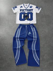 PAVTROS 男士短袖字母印花简约T恤和裤子套装，男士运动服，男士两件套服装，男士服装，男友礼物 - 藍色 - 查看 1