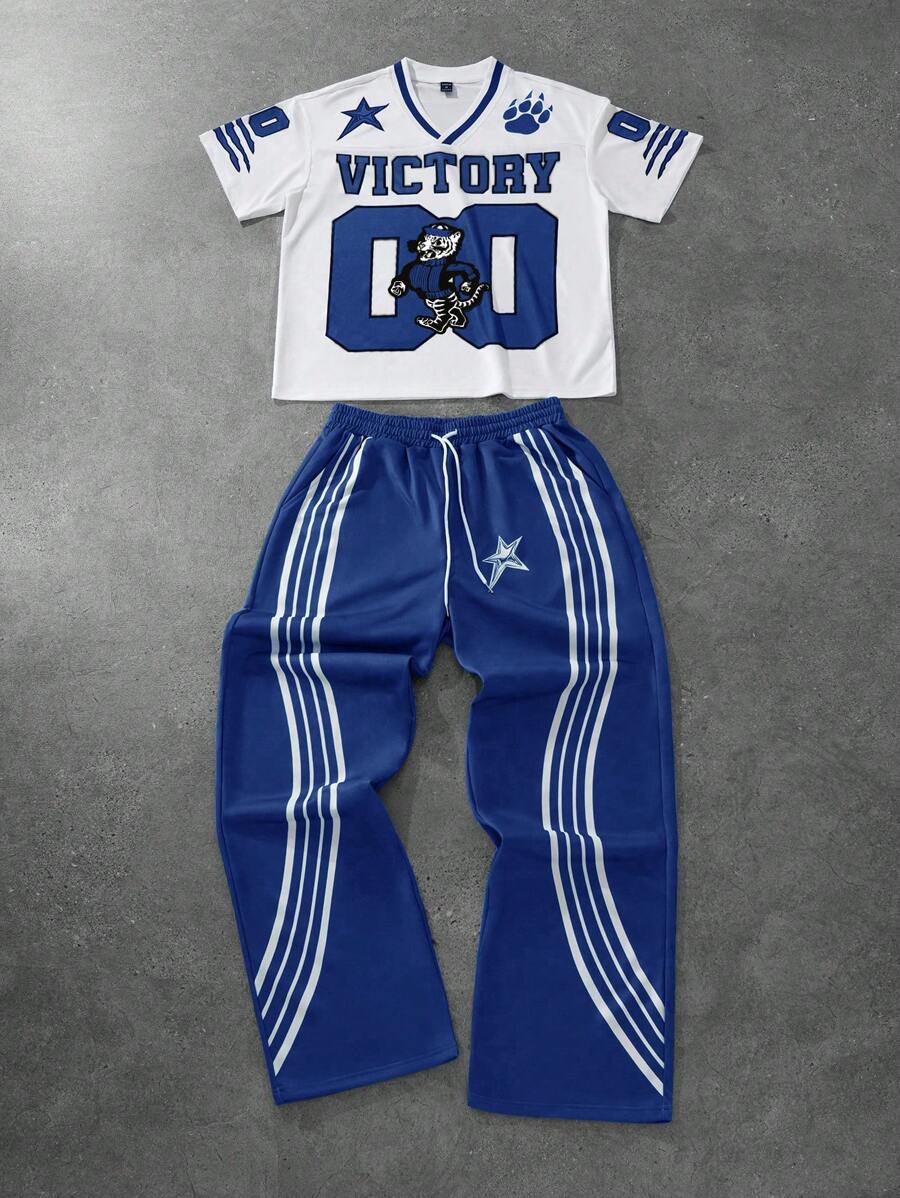 PAVTROS 男士短袖字母印花简约T恤和裤子套装，男士运动服，男士两件套服装，男士服装，男友礼物 - 藍色 - 查看 1