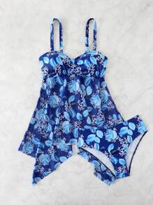 SHEIN 2pcs/Set Women's Knit Floral Print Strappy Backless Beach Spaghetti Strap Dress & Mesh Sexy Elegant Strapless Summer Tankini Swimwear - Multicolor - View 3