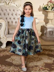 SHEIN Young Girl Sleeveless Floral Decor Round Neck Dress - Multicolor - View 3