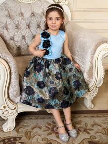 SHEIN Young Girl Sleeveless Floral Decor Round Neck Dress - Multicolor - View 7