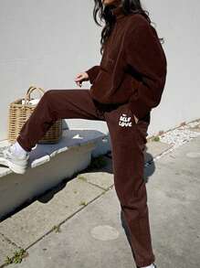 女士休闲焕新翻领半拉链长袖泰迪卫衣，秋冬套头衫 - 咖啡棕 - 查看 2