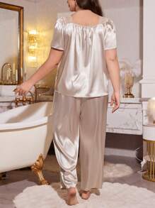 MuseNap CURVE Plus Size Lace Patchwork Button Design Imitated Silk Top & Pants Pajama Set - Champagne - View 2