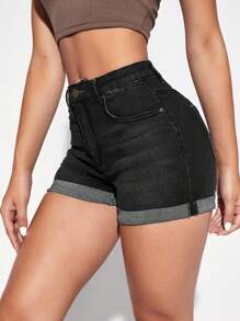 SHEIN PETITE Women's High Waist Pocketed Cuffed Casual Versatile Denim Shorts - Black - View 4