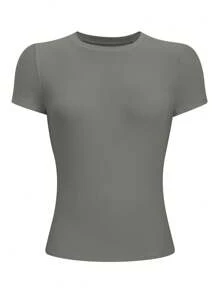Jouncy Women Solid Color Slim Fit Casual Round Neck Short Sleeve T-Shirt - Dark Grey - View 3