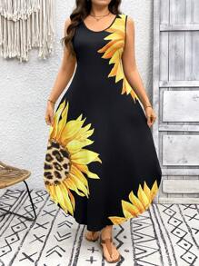 SHEIN LUNE Plus Size Women Leopard & Sunflower Print Crew Neck Sleeveless Casual Midi Dress Western Wear Women Boho Bohemian 90s Clothes Festival Summer Dresses For Women Sundress Summer Boho Old Money Summer Outfits For Women Spring Break Rave Outfits Festival Spring Break Outfits - Multicolor - View 4