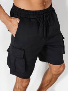 Manfinity Homme Plus Size Men's Solid Color Drawstring Waist Cargo Pocket Shorts - Black - View 5
