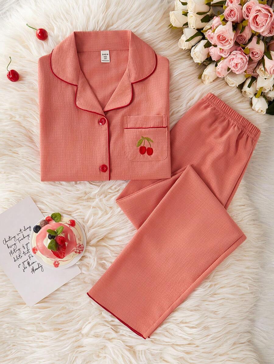 Tween Girls Pajama Set, Burgundy Cherry Embroidered Comfortable Loose Fit Long Sleeve And Long Pants, 2 Pieces Loungewear