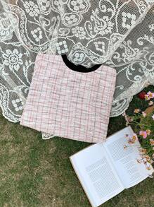 Dazy Plus Plus Size Women's Color Block Round Neck Short Sleeve T-Shirt, Spring/Summer Plaid - Pink - View 10