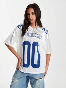 TRNVIE Camiseta de manga corta holgada con estampado numérico de Brooklyn y entredós de malla - Blanco - Ver 7