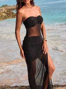 Opulessa Women Long Asymmetrical Hemline Solid Color Knit Mesh Form-Fitting Dress