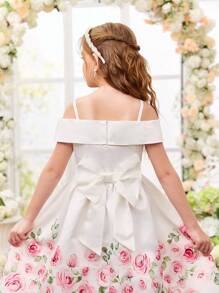 SHEIN 女童复活节碎花细肩带露肩短袖连衣裙 - 白色 - 查看 6