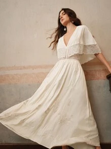 Anewsta Đầm voan dài không tay cổ chữ V nhún bèo thêu viền ren cho nữ đi nghỉ thường ngày - trắng - Xem 5