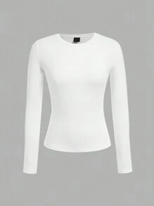 SHEIN EZwear Set de 3 camisetas de manga larga de cuello redondo, ajustadas y casuales, para mujer de talla grande, adecuadas para otoño/invierno