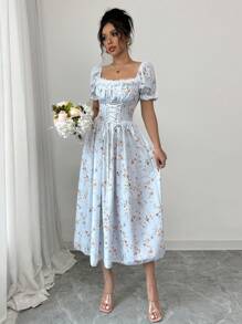 Chiquease 系腰泡泡袖拼布蕾丝花卉印花连衣裙长款女装 - 藍色 - 查看 1