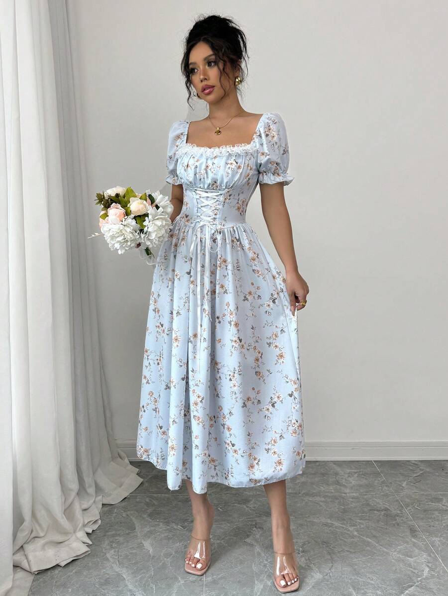 Chiquease 系腰泡泡袖拼布蕾丝花卉印花连衣裙长款女装 - 藍色 - 查看 1