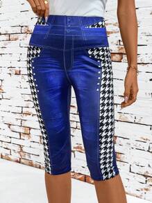 SHEIN Clasi Women's Denim Effect Houndstooth Print Leggings Boho - Multicolor - View 4