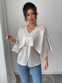 Elenzga Women's Solid Color V-Neck Batwing Sleeve Ruffle Hem Loose Blouse - Beige - View 5