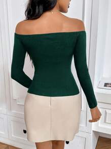 SHEIN Privé Maglietta aderente a maniche lunghe con spalle scoperte, in maglia a coste, di colore unito, di moda per donna