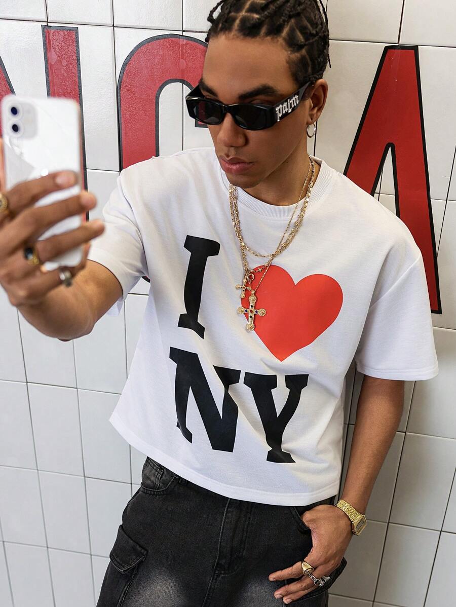 PAVTROS 男士字母与心形印花圆领短袖休闲 T 恤 - 白色 - 查看 1