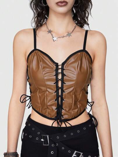 Grunge Punk Vintage Y2K Leather Patchwork Front Lace-Up Design Women's Slip Camisole