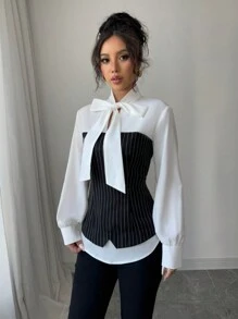 Chiquease 条纹领带领拼布面料优雅女士休闲长袖衬衫 - 白色 - 查看 5