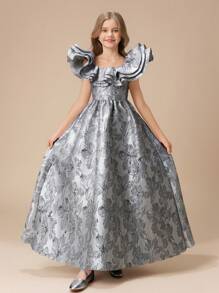 Vestido de niña preadolescente con mangas de volantes y hombros descubiertos, bordado, de alta gama, para boda, fiesta, ceremonia, cumpleaños, vestido de fiesta - Gris - Ver 3