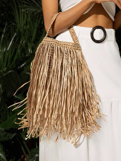 SHEIN SXY Bolsos de asa superior para damas y mujeres, de moda, sencillos, elegantes, versátiles, de paja, con flecos, para playa, vacaciones, fiestas, verano, zona costera