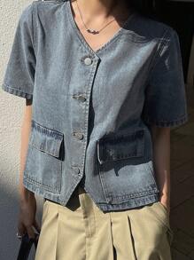 DAZY Chaqueta vaquera de mujer con cuello en V y manga corta