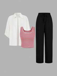 SHEIN LUNE Bộ 3 món thu đông 2024 gồm áo vest sọc, quần và áo khoác, trang phục sân bay - Đỏ và trắng - Xem 6
