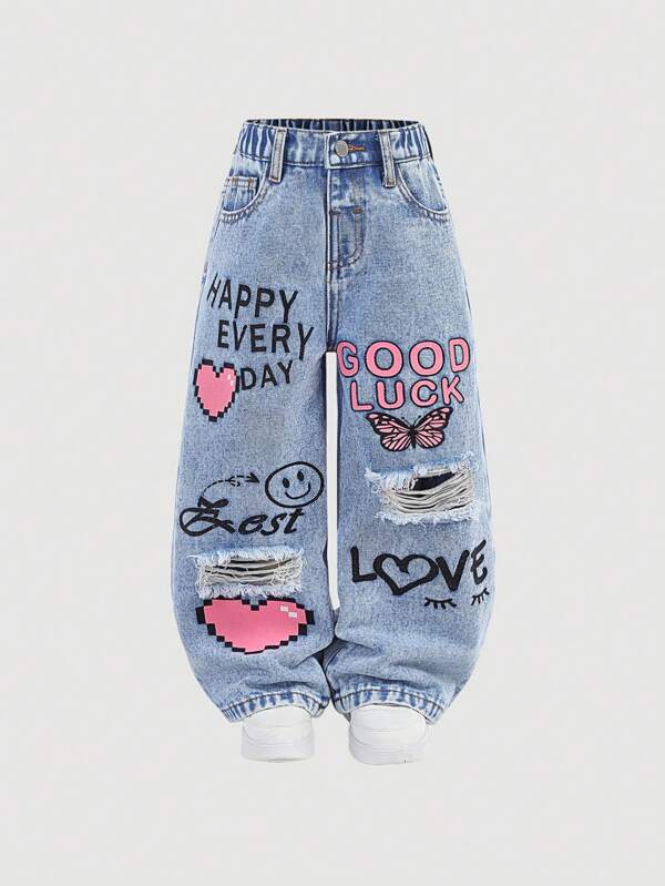 SHEIN Pantalon large et lâche en jean bleu avec motif de cœur et visage souriant pour jeune fille Y2K, pantalon décontracté de printemps et d'été pour filles, tenue de vacances