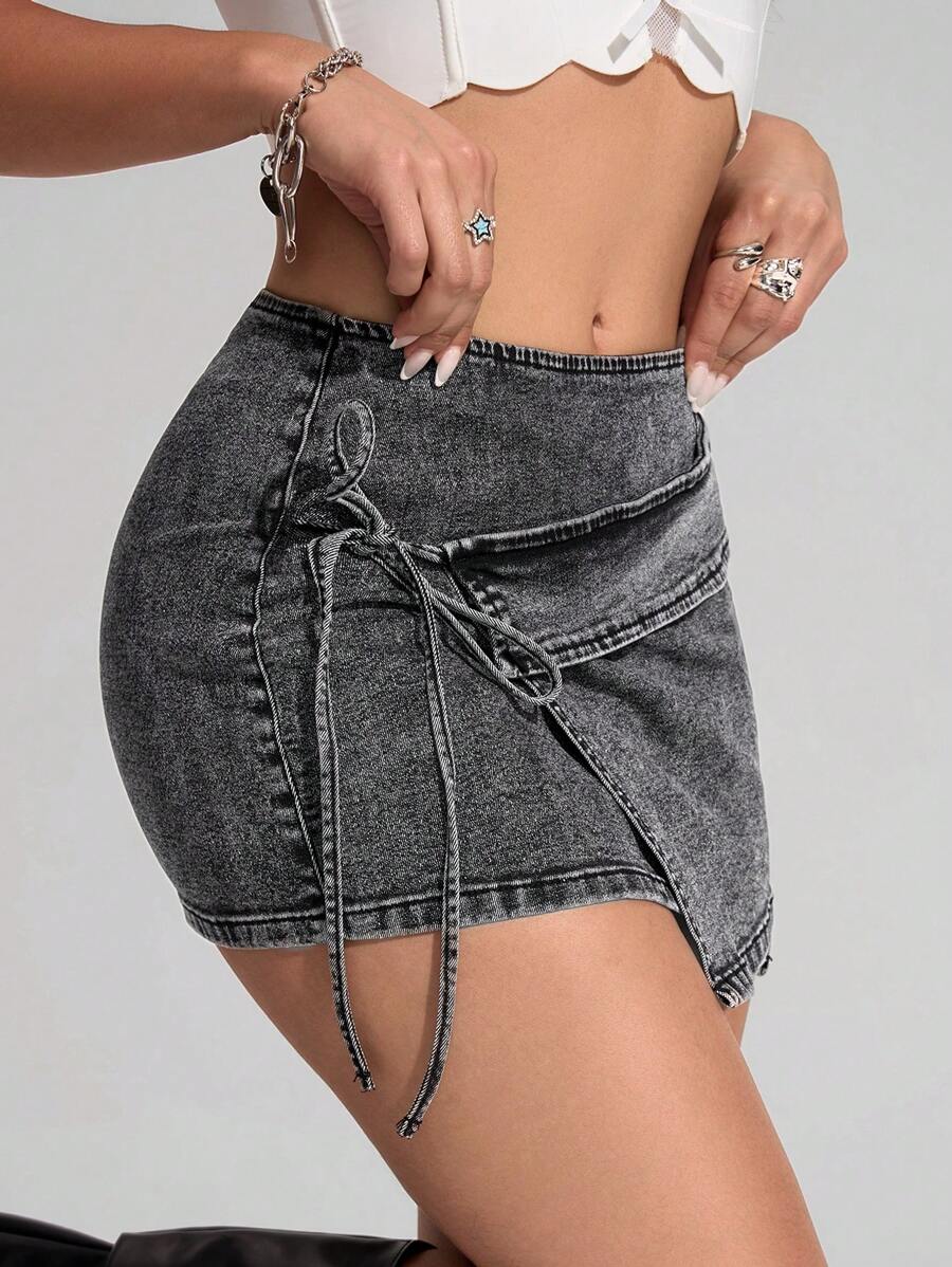 SHEIN EZwear 女士休闲水洗系带修身迷你牛仔半身裙 - 深灰色 - 查看 1