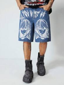 ROMWE MEN Anime 男式休闲牛仔短裤，带图形人物印花口袋 - 藍色 - 查看 5