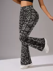 SHEIN Sports Leopard Print Patchwork Flocked & Mesh Flare Leg Yoga Pants - Grey - View 3