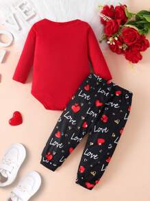 2 Stücke/Set Baby Jungen Mein erster Valentinstag minimalistischer Herz- und Buchstaben-Muster Langarm-Body und lange Hose, Kleidung für Valentinstag Frühlingsoutfit, als Geschenk