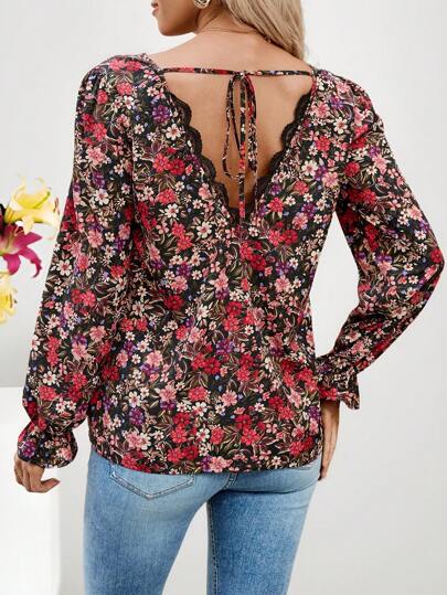 EMERY ROSE Blusa de mujer de manga larga con cuello en V y estampado romántico para el Día de San Valentín, con encaje y tirantes en la espalda