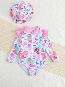 Baby Girl Cartoon Mermaid Print Ruffle Edge Long Sleeve Cute Beach One-Piece Swimsuit