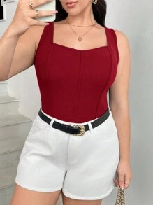 SHEIN Frenchy Áo ba lỗ xương cá màu trơn cỡ lớn cho nữ mùa hè - Đỏ - Xem 4