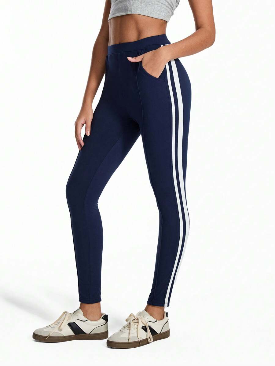 SHEIN Unity Minimalist Contrast Trim Low Waist Leggings Fall Cloth For Women - Navy Blue - View 1