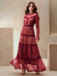 Anewsta Vestido largo A-line de princesa con cintura ajustada, de malla transparente con contraste de encaje bordado y diseño - Burdeos - Ver 4