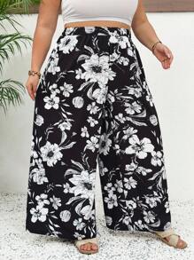 SHEIN CURVE+ Large Romantic Spring/Summer Vacation Woven Printed High Waist Wide Leg Women's Pants Boho Vacation - Multicolor - View 6