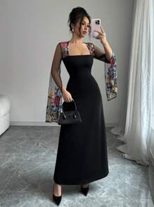 Rafferiza Elegantes französisches retroartiges Kleid für Damen mit Quadratausschnitt und A-Linie Taille, schlank geschnittenes Patchwork-Kleid mit bestickter Mesh-Verzierung