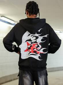PAVTROS Best - Selling On INS! This Is A Black Street - Style Hoodie For Young Men. The Back Design Is Eye - Catching. Against A White Flame - Outline Background, There Is A Red Pattern In The Center Of The Flames. The Overall Style Is Flamboyant , Making It Perfect For Street - Style Enthusiasts Who Pursue Individuality.Men's Character Print Long Sleeve Casual Hoodie