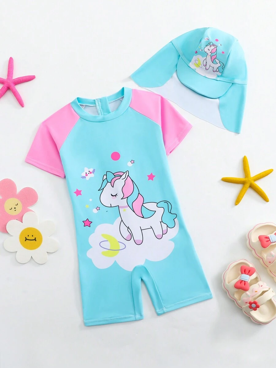 SHEIN Young Girl One-Piece Swimsuit With Graphic Print, Including Free Swim Cap - Multicolor - View 1