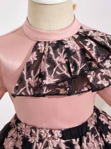 SHEIN Bộ váy xếp nếp thanh lịch in hoa cho bé gái và áo sơ mi tay ngắn, mùa hè - Hồng - Xem 4