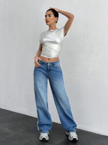 EURMUSE WOMEN HIGH WAIST STRAIGHT JEANS - Medium Wash - View 3