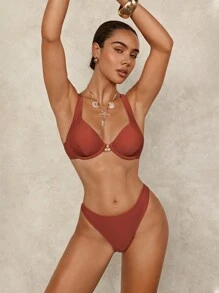 SHEIN Swim Minimalist Solid Color Gathered Bikini Set For Beach Vacation For Summer Beach Vacation - Brown - View 5